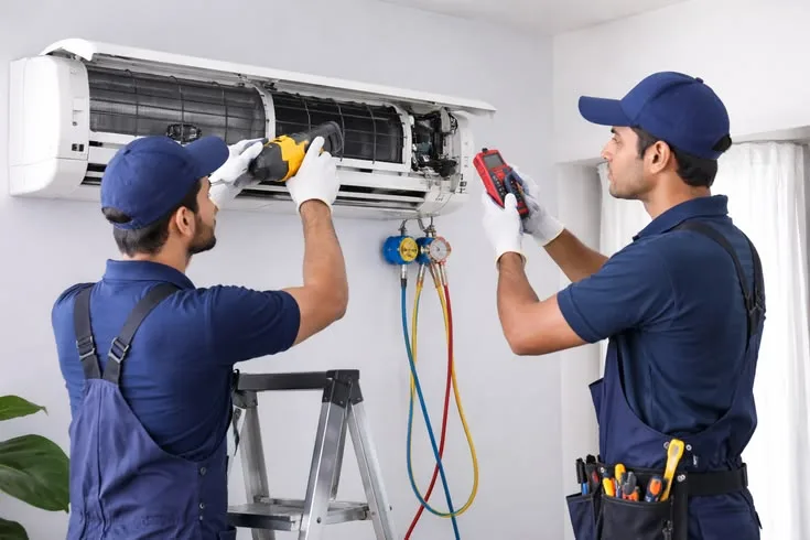 Buitenunits van een airco-installatie op een plat dak