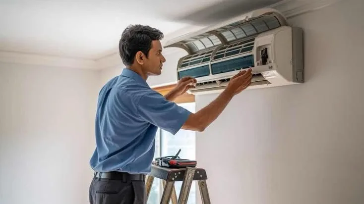 Monteur van Klimaprof installeert een airco-binnenunit